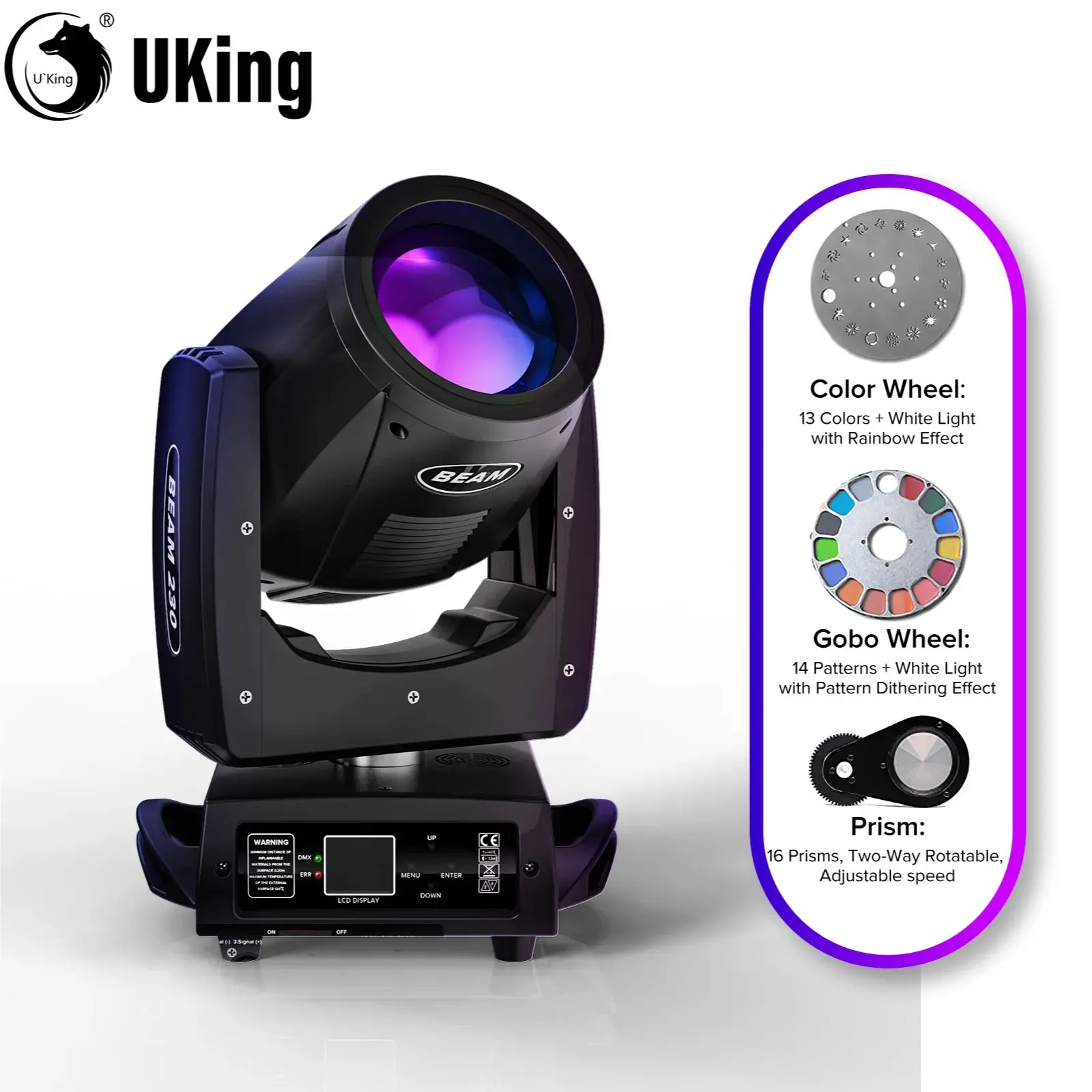 U`King 230W Moving Head Light Stage Lights 16 Prisms Rainbow Effect Spotlight DMX512 Control For Wedding DJ Party Stage Lighting