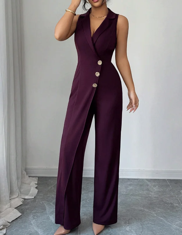 Women's Jumpsuit 2026 Summer New French Intellectual Elegant Style Solid Lapel Splicing Design Button Front Sleeveless Jumpsuit