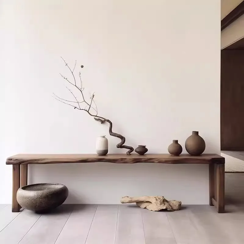 Wabi Sandy Wind Solid Wood Bench Homestay Home Aisle Corridor Shoe Change Stool Log Wind Ornament Rack Double-layer Display Rack