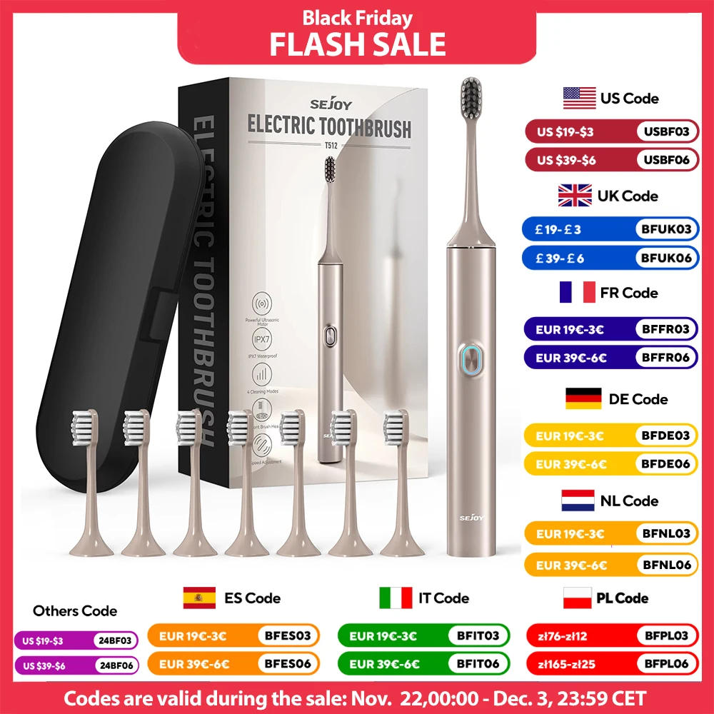 Sejoy T512 Electric Toothbrush for Adults with 4 Brush Heads Ultrasonic Tooth brush 4 Modes Rechargeable Waterproof