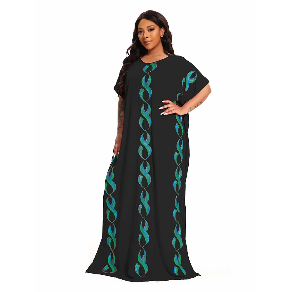 Abayas For Women Dashiki 100% Cotton Islam Pure Color Sequins Cotton Kaftan Short Sleeve Maxi Loose African Elegant Moroccan