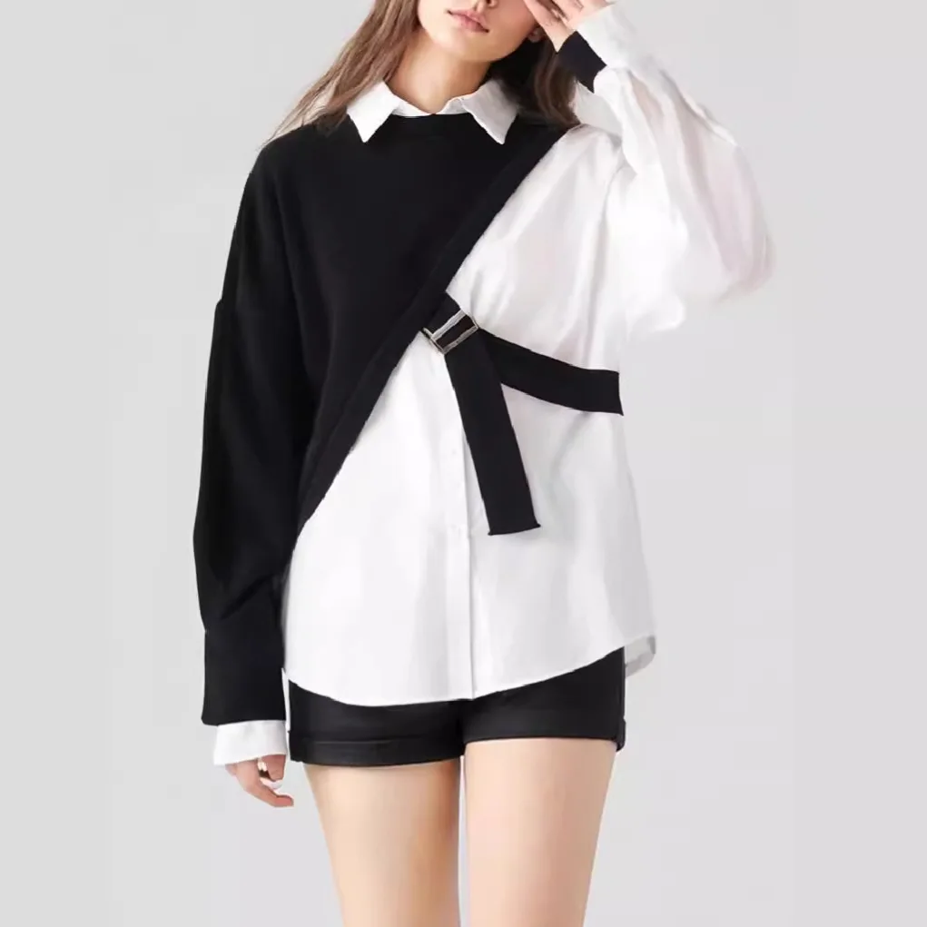 

Autumn and Winter New Collar Long Sleeve Loose Shirt Women's One-Shoulder Knitted Blouse Style Two-Piece Set