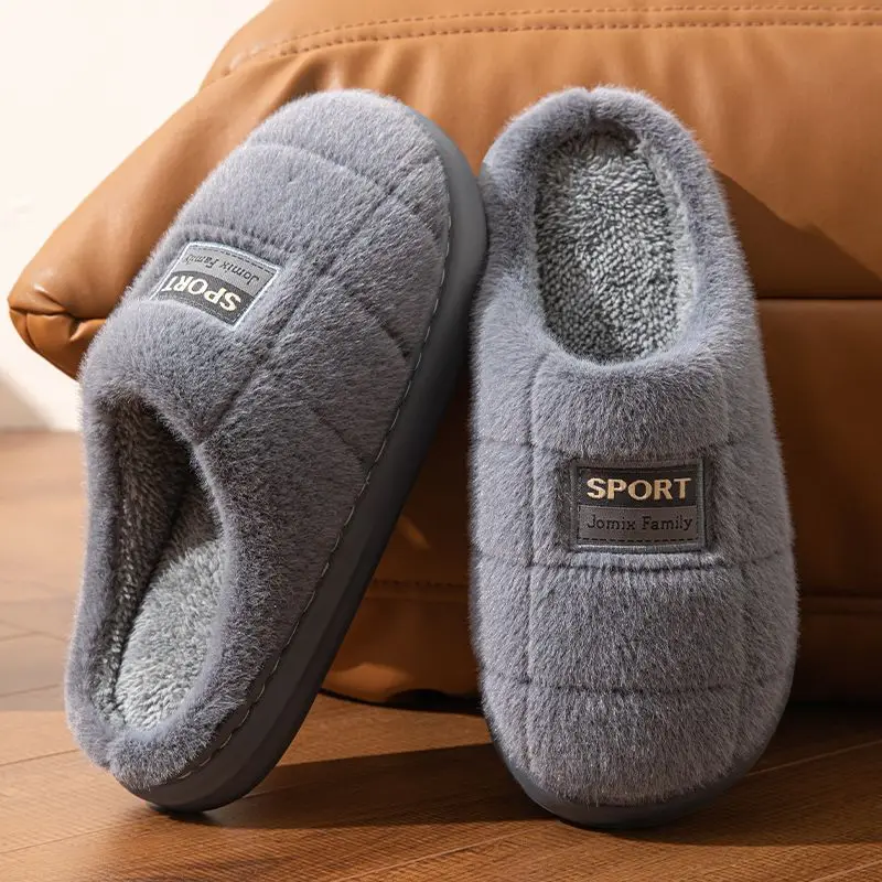 Winter Men Cotton Slippers Plus Size Warm Plush Fuzzy Indoor Home Non Slip Soft Sole Outdoor Wearable House Shoes Fur