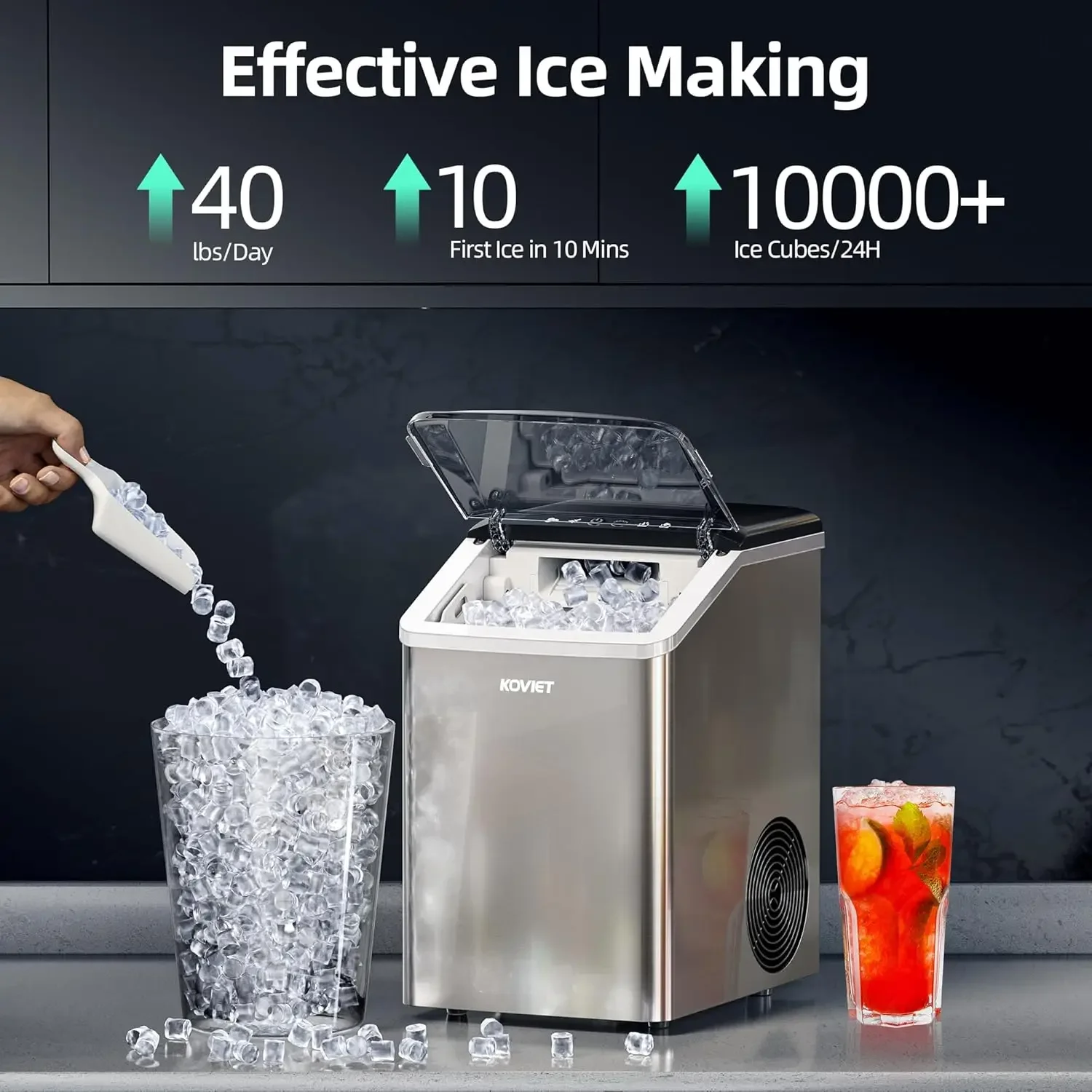 Ice Maker Countertop, 40lbs/24H Tooth-Friendly Soft Chewable Pebble Ice Machine, Self-Cleaning with Drainpipe, Crushed Pe