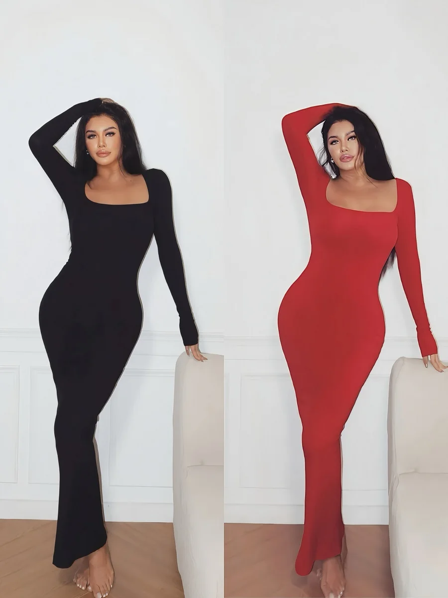 

Женское облегающее платье LAPINKY Kardaian с длинным рукавом, высокой талией, из хлопка, спандекса и полиэстера, с высоким воротом