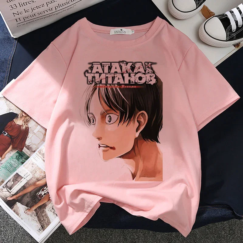 Camiseta con estampado gráfico de ataque a los Titanes para mujer, remeras rosas de estética Harajuku, camiseta de Anime Y2k para mujer 2021