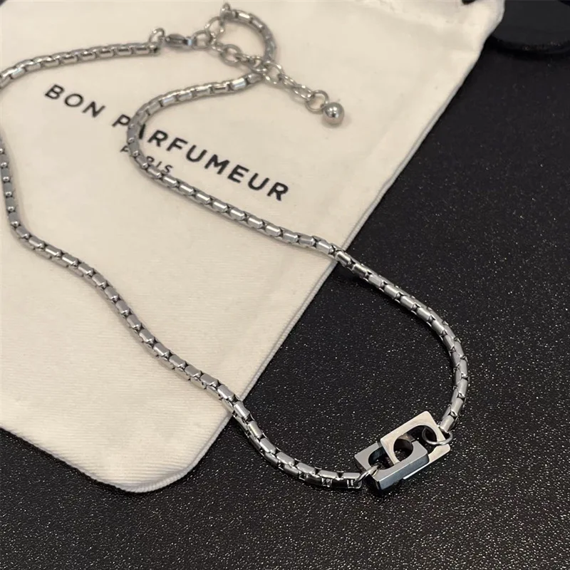 Neutral Punk Style Square Ring Buckle Stainless Steel Necklace For Unisex Women Fashion Choker Chain Jewelry Office Party Gift