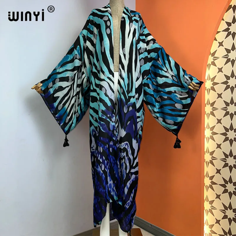 WINYI kobiety dorywczo afrykańskie frędzle Kaftan Gradient długi rękaw z nadrukiem plaża Boho długi sweter Cover-up letnie Kimono sukienka