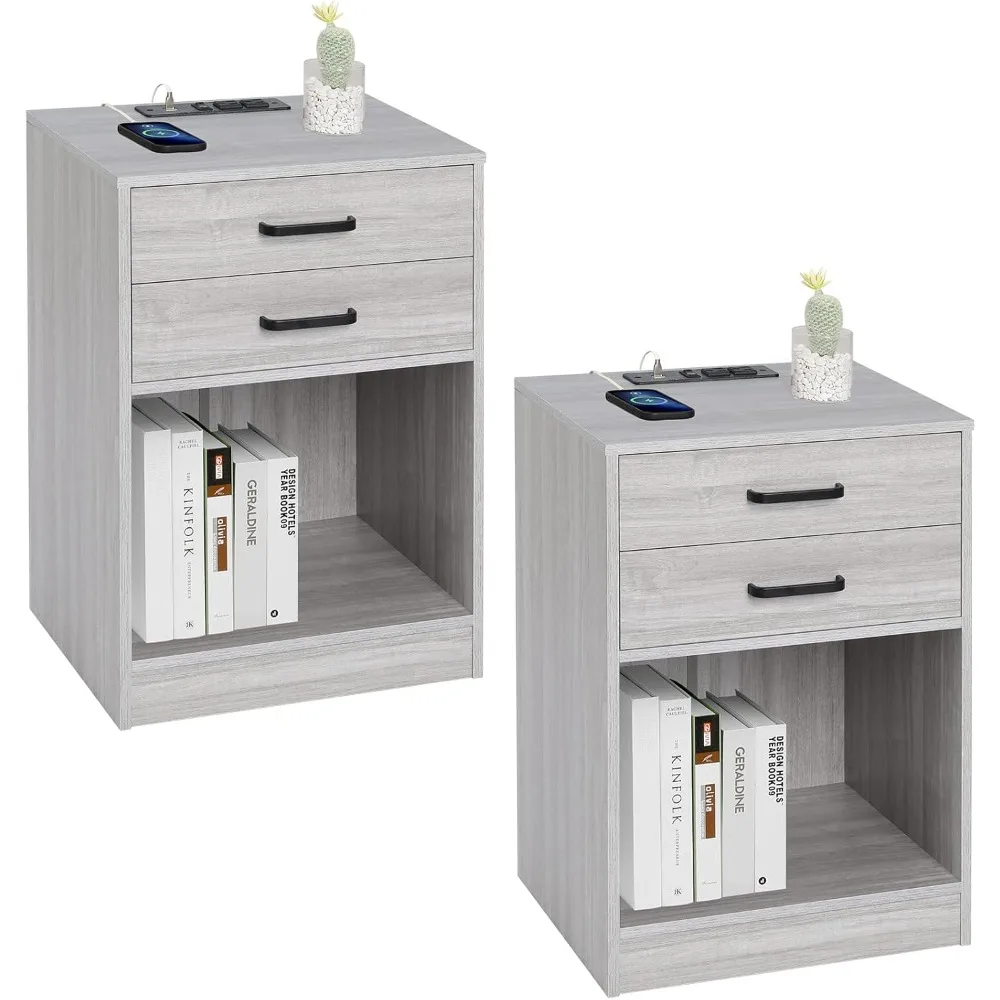 

Nightstands Set of 2, with Charging Station & Drawers