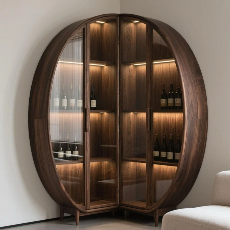 Black walnut wine cabinet Song-style aesthetic minimalist solid wood display cabinet Living room corner decorative side cabinet