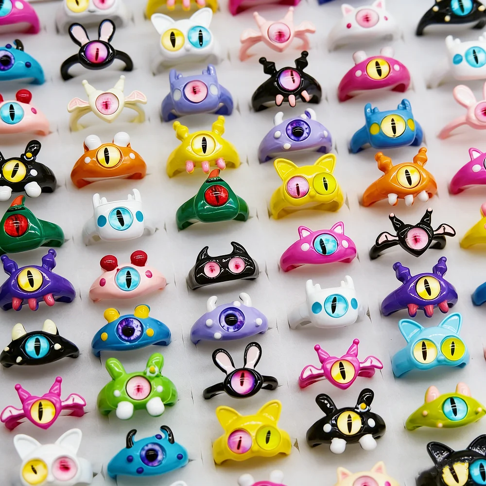 10/20/30Pieces Fashion Cute Colorful Monster Eye Rings Set For Women Men Mix Style Trendy Cartoon Jewelry Party Gifts