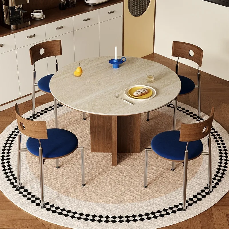 Slate dining table, beige travertine retro style, walnut solid wood slate