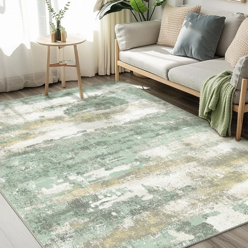 

Modern Abstract 5x7 Area Rugs for Living Room and Bedroom, Light Green, Machine Washable Soft Low Pile Floor Carpet