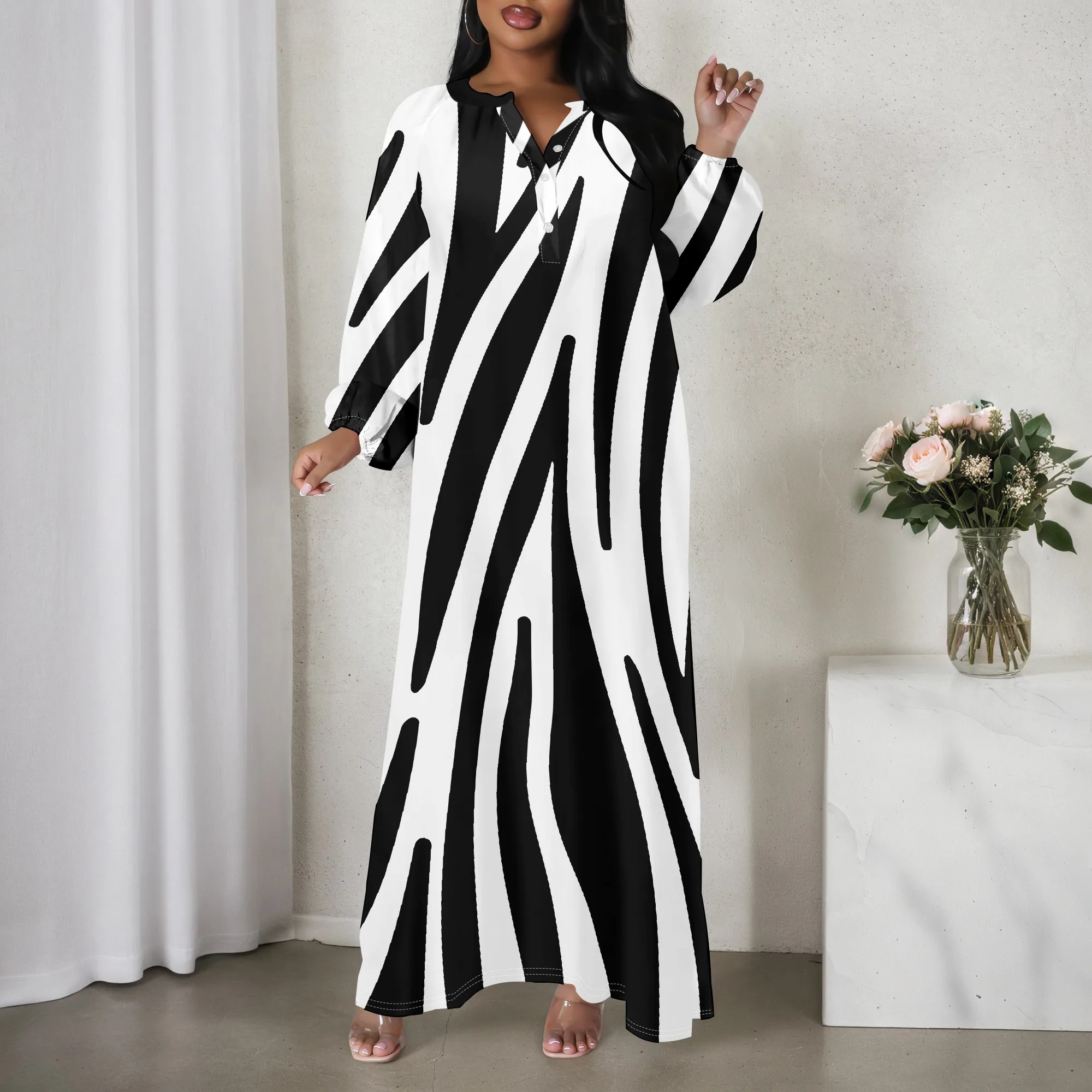 

Women's Long Sleeved Loose V-neck Dress, Fashionable Striped Printed Dress