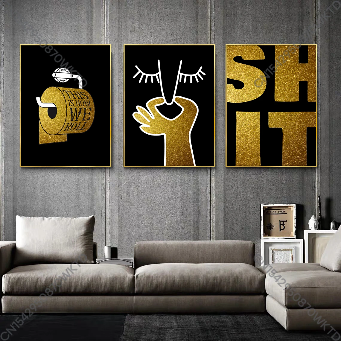 Humour Bad Smell Abstract Roll Paper Bathroom Poster Black Gold Decorative Canvas Painting Wall Art Picture WC Toilet Room Decor