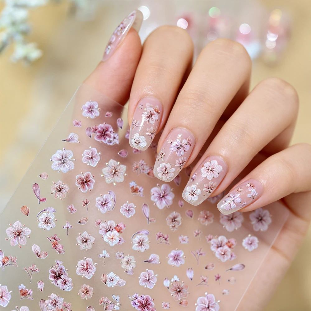 

1 шт. 5D объемные рельефные наклейки для ногтей с сухоцветами, красочные цветочные стикеры с вишневым цветом, роскошный дизайн с сухими цветами, слайдеры для нейл-арта