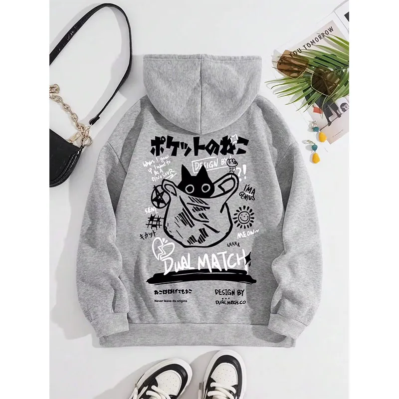 Cute Cat Cartoon Printed Sweatshirt Women Harajuku Casual Loose Hooded Fashion Soft Pocket Hoodies Autumn Warm Female Clothes