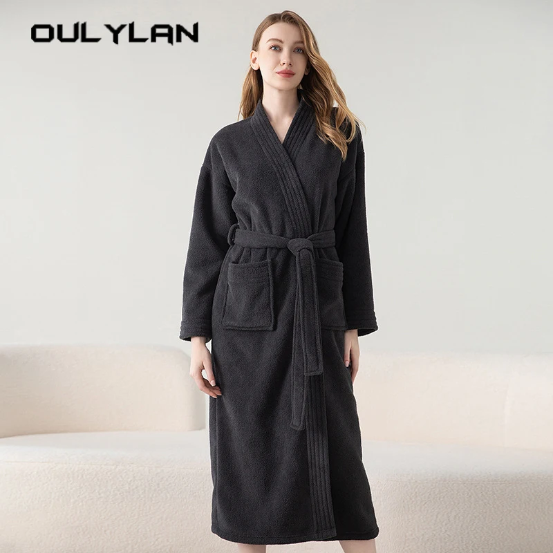 2024 Autumn Camel Female V-Neck Long Bathrobe Winter Women New Waffle Casual Robe Loose Sleepwear Dry Quickly Home Pajamas