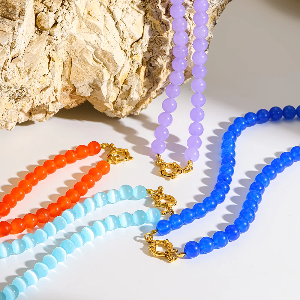 

Rainbow Cat's Eye Glass Bead Chain Necklace 18K Gold Plated Stainless Steel Collar Chain Colorful Jewelry for Women Unique Gift