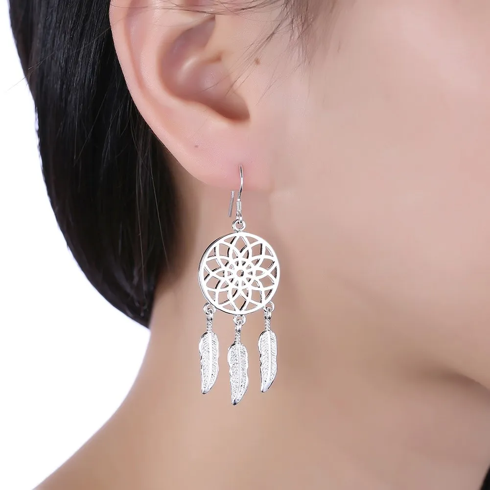 

Fine Cute 925 Sterling Silver Fine Dream Catcher Feathers Drop Earrings For Woman Fashion Designer Party Wedding Jewelry Gifts