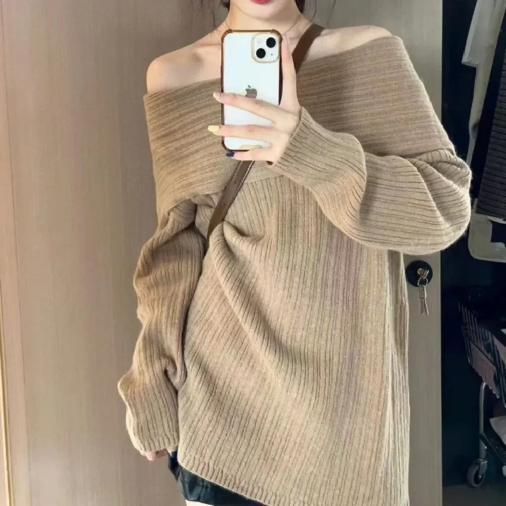 2024Chic Solid Color Diagonal Neck Sweater for Women Commuter Casual Loose Long-sleeved Pullover for Women's High Street Sweater