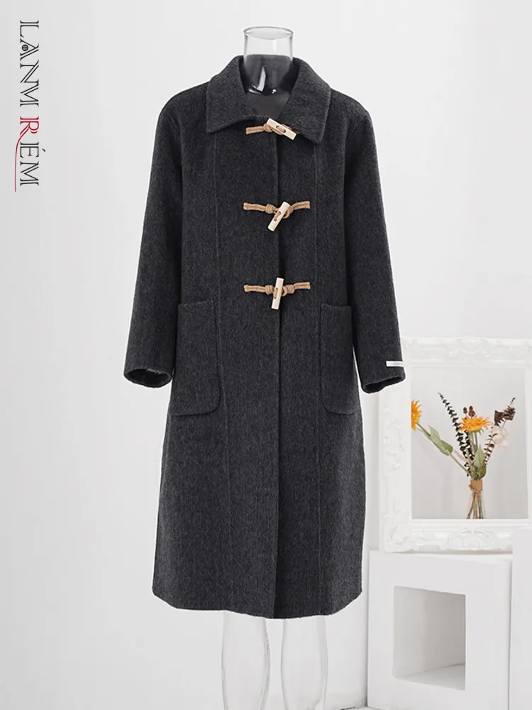 

LANMREM Korean Style Winter Woolen Long Coat For Women Lapel Horn Button Design Solid Color Clothing Fashion 2024 New CPG2158