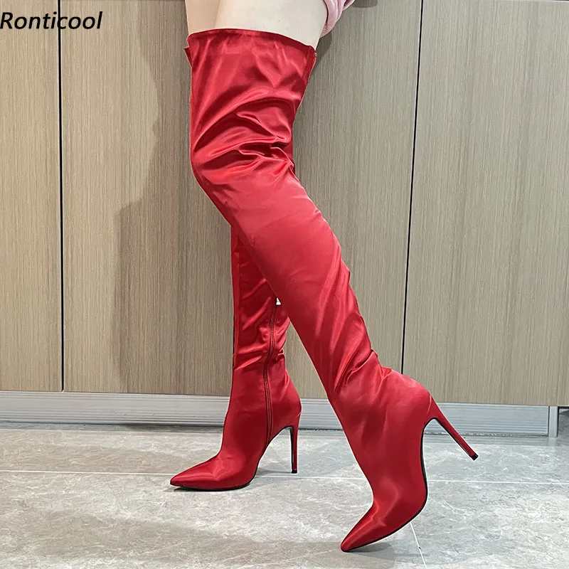 

Ronticool Real Picture Women Winter Thigh Boots Side Zipper Stiletto Heels Poined Toe Red Pink Dress Shoes Us Plus Size 5-15