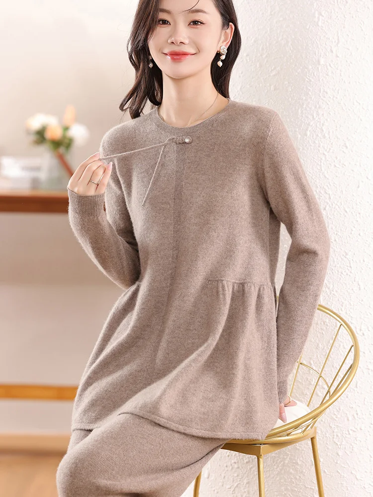 Women's Knitted Sweater, 100% Wool, Round Neck, Elegant, Buttoned, Loose, Chinese Style, Top, Pullover, Autumn/Winter 2024