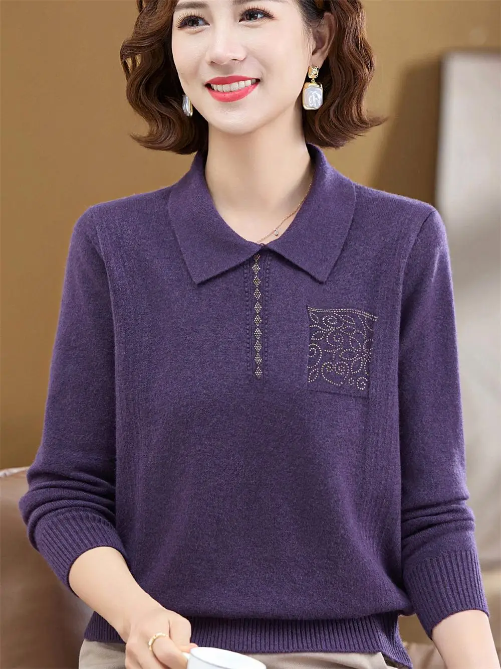 

Faionable Long Sve Collared Base irt for Middle-Aged Mothers Mid-Aged Women's Autumn Wear Loose Fit Knitted Top