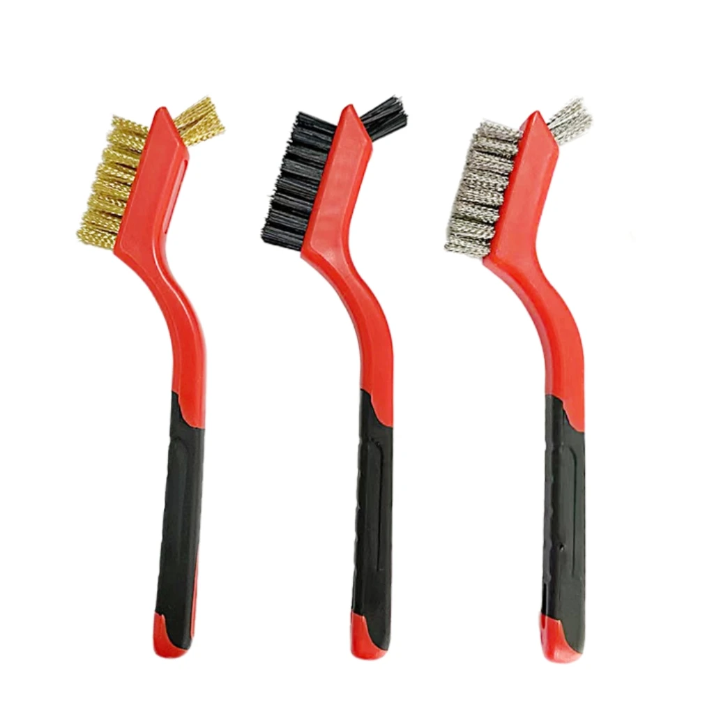 Drahtbürsten-Set, Borsten aus Nylon/Messing/Edelstahl mit gebogenem Griff zum Schrubben von Rost, Schmutz und Farbe, Tiefenreinigung