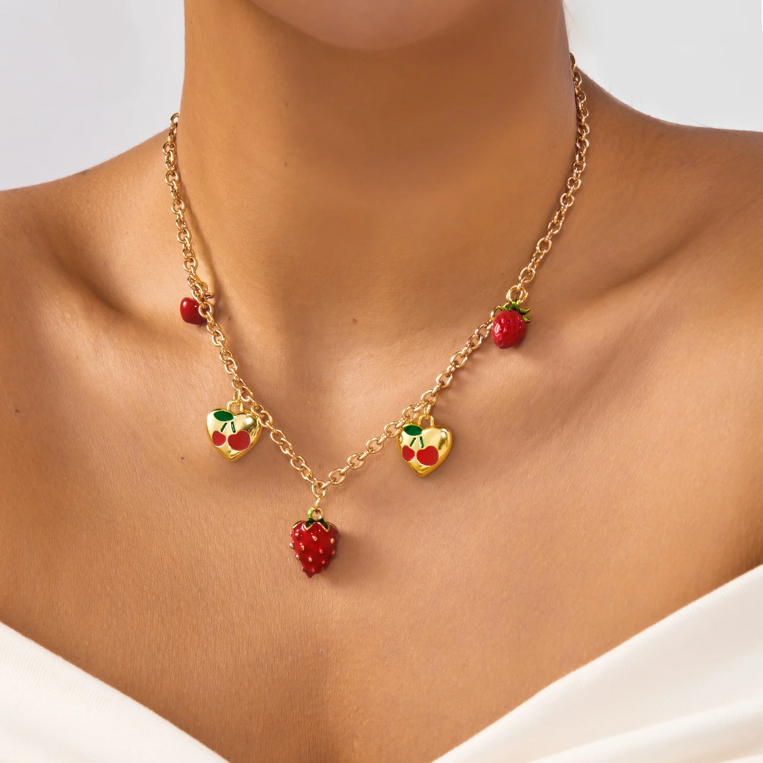

2026 Trendy Cherry Pendant Necklace for Women Gold Color Chunky Chain Heart Bowknot Imitation Pearl Charm Cute Y2K Jewelry Gift