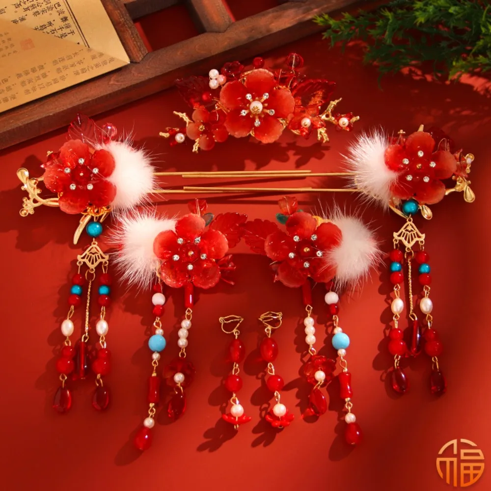

Retro New Year Chinese Style Hairpin Set Tassel Red Hanfu Hair Stick Earring Pearl Flower Hair Comb Hairstyle Design Tool