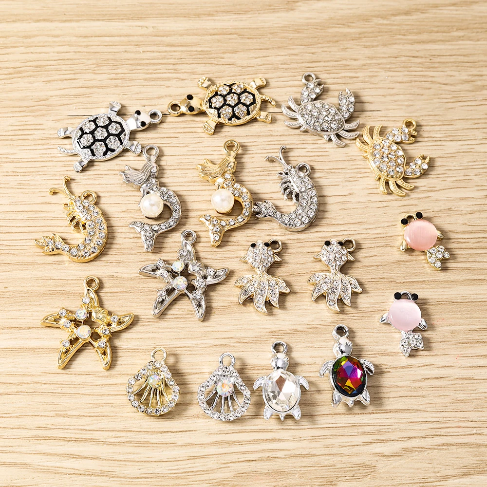 10 Stück niedliche, gemischte Kristall-Metall-Anhänger in Form von Schildkröten, Krabben, Fischen und Muscheln für die Schmuckherstellung, Halsketten, Ohrringe, DIY-Bastelzubehör – Detail 3