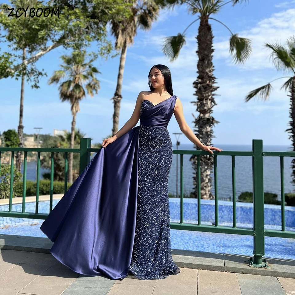 

Elegant Navy Blue One-Shoulder Shiny Sleeveless Evening Dress 2023 Mermaid Floor Length Stain Zipper Custom Made Prom Dress