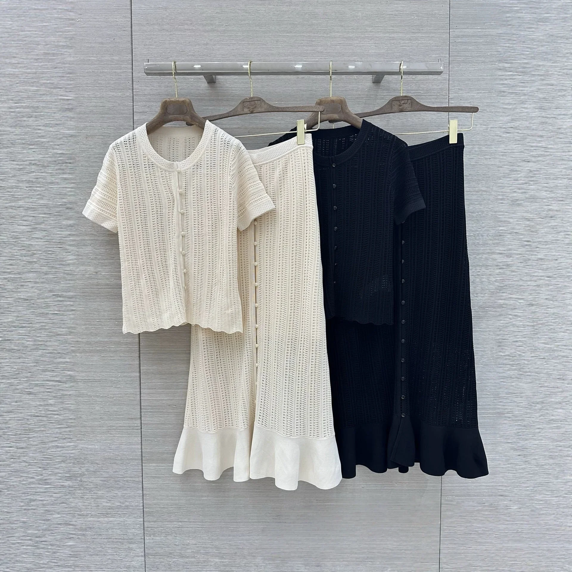 Women Summer Hollow Knit Two-Piece Set With Midi Skirt