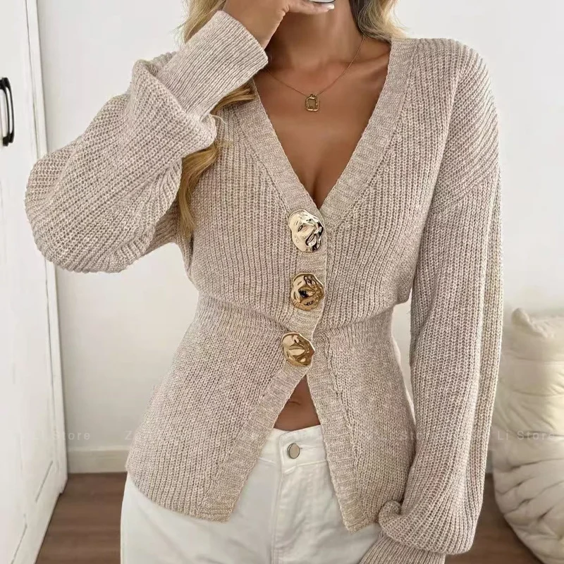 French New 2026 Elegant Women V‑Neck Knit Cardigan, Big Metal Buttons Waist Cinched Drop Shoulder Long Sleeve Loose Slim Sweater