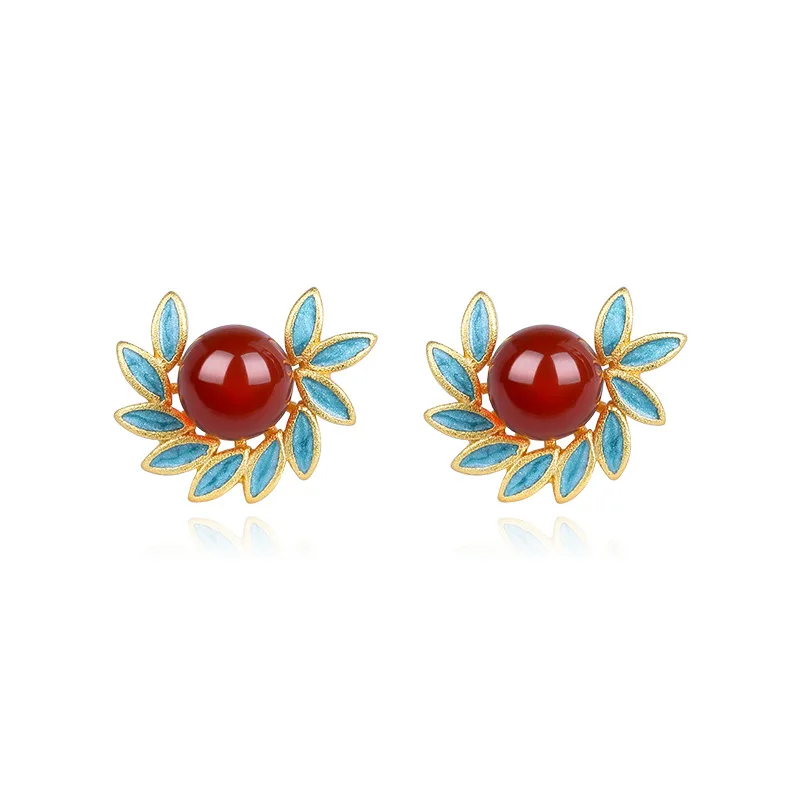 Natural Red Jade Beaded Stud Earrings Amulet 18K Gold Plated Vintage Luxury Designer Real Jewelry Talismans Gifts for Women