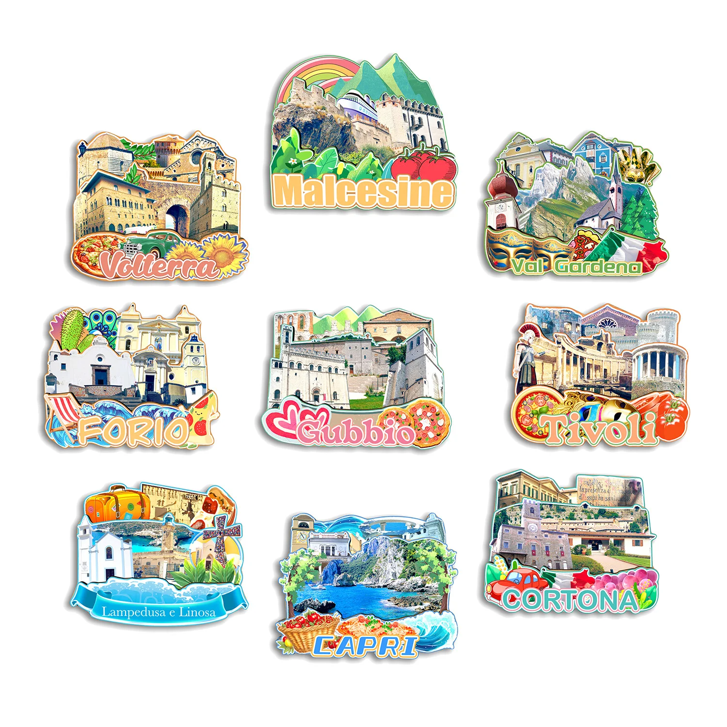 Gubbio cortesona Capri Lampedusa e Linosa Tivoli Forio Val Gardena Volterra Malcesine Italia imán para nevera regalo de recuerdo de viaje