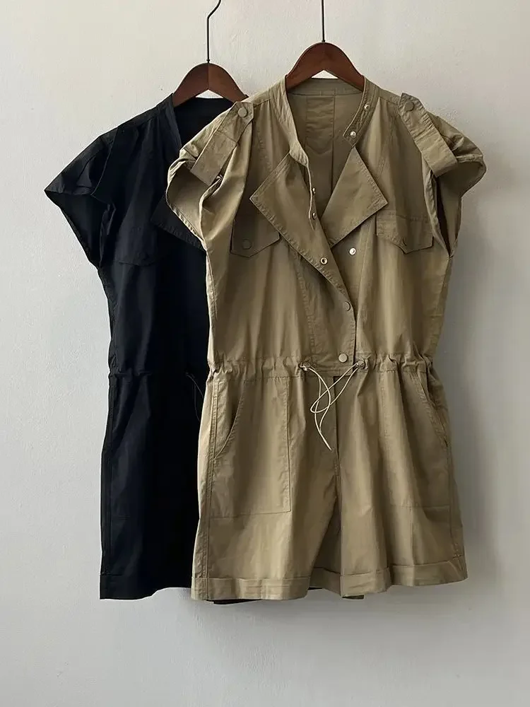 2024 Zomer Nieuwe Hoge Taille Duwstring Werkkleding Jumpsuit Voor Dames Opstaande Kraag Vliegende Mouwen Shirt Short 80998