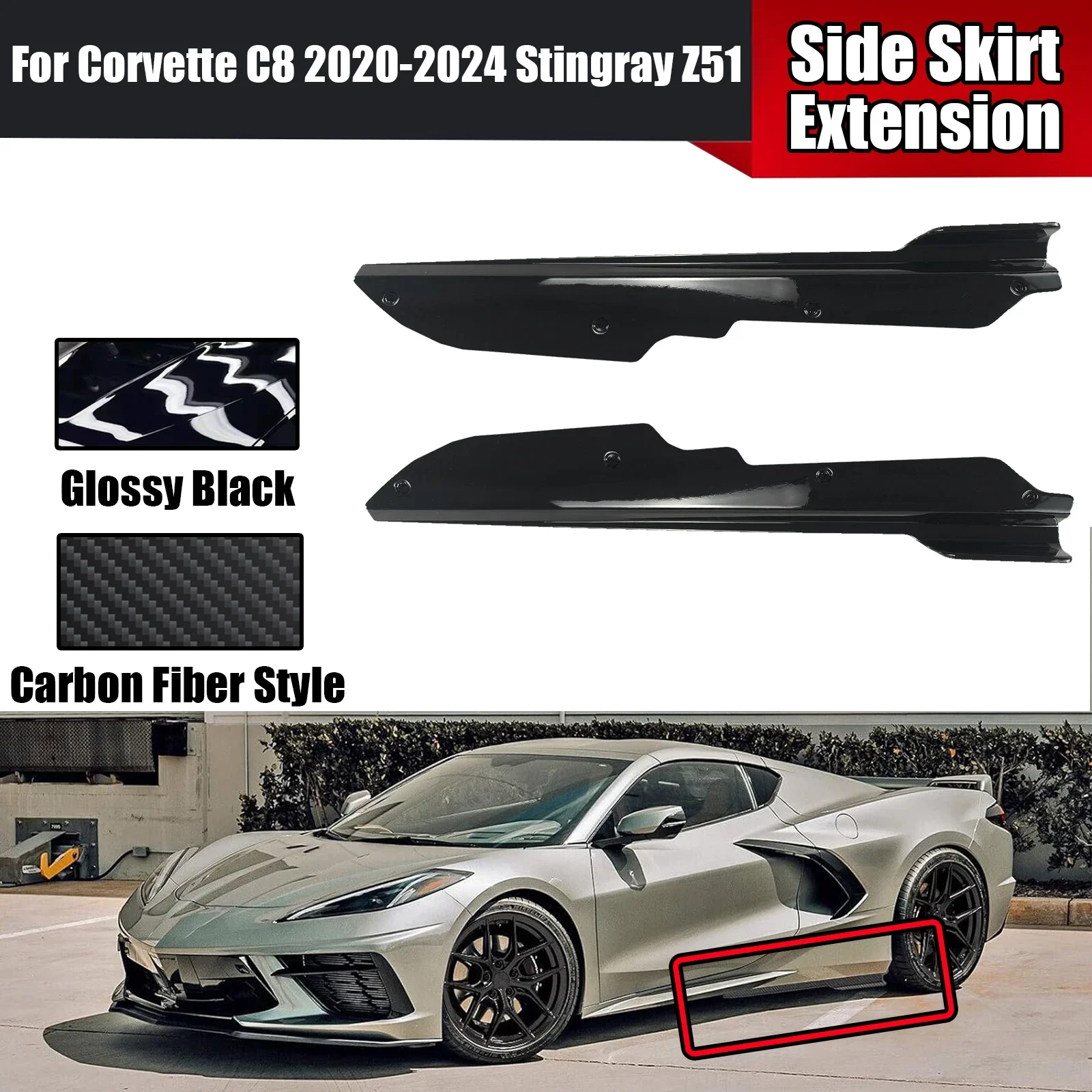 2Pcs For Chevrolet Corvette C8 Stingray&Z51 2020-2024 Side Skirt Extension Lip Splitters Winglet Carbon Fiber Style Glossy Black