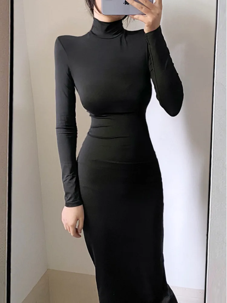 WOMENGAGA 2022 New Autumn Winter Black Long Maxi Dress Slim Skinny Stand Collar Sexy Long Dresses Korean Women Slim Top ZNF9