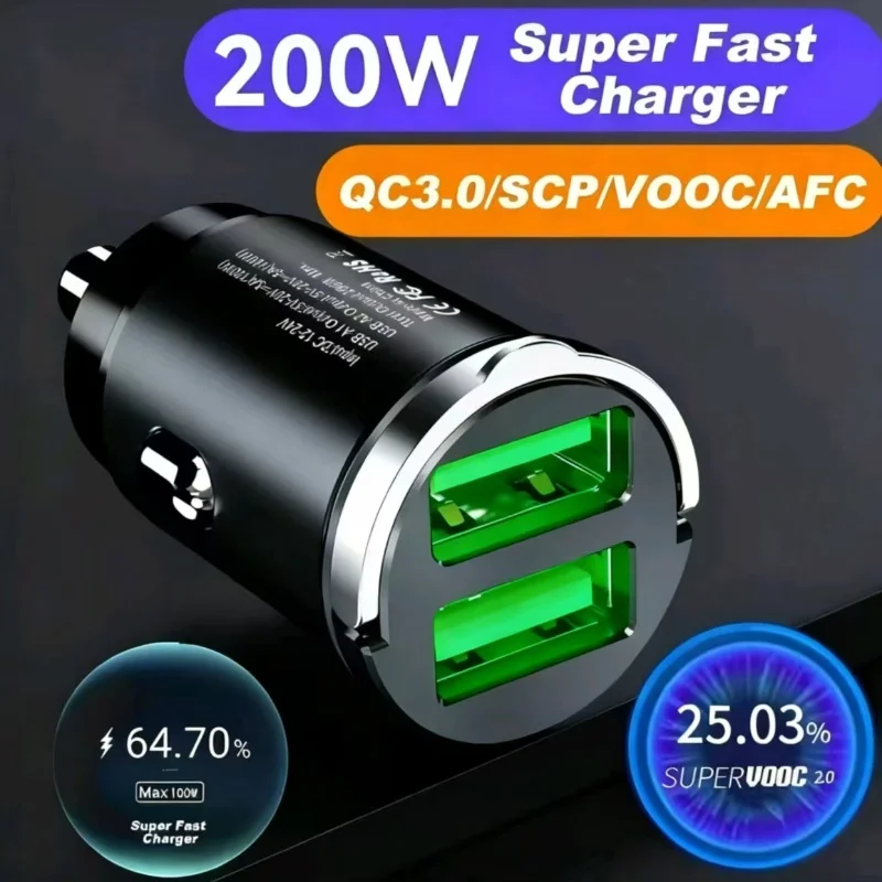 100W/200W QC3.0 PD Mini Car Charger 12-24V Lighter Fast Charging Car USB Type C Charger for Xiaomi Samsung Huawei iPhone Power