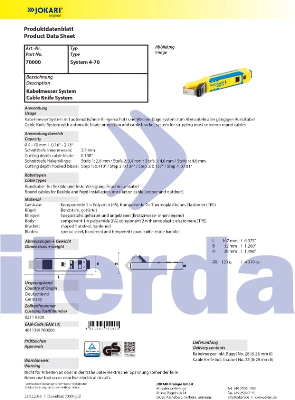 German imported JOKARI electrical cable cutter for easy and fast wire stripping 70000