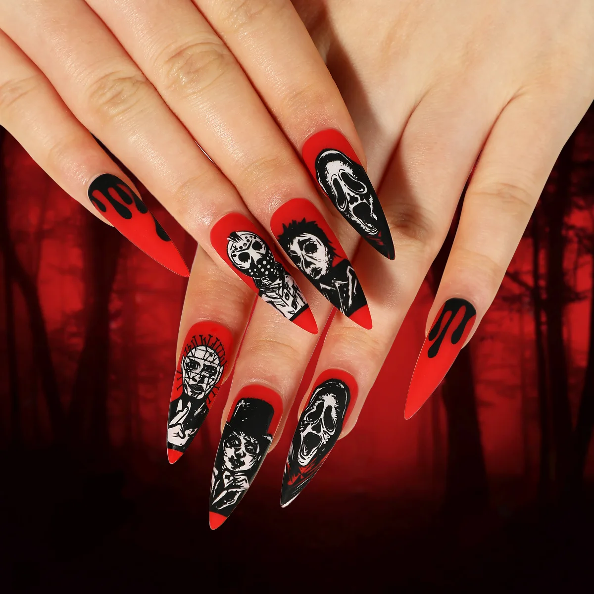 Uñas postizas rojas de almendra larga para Halloween, 24 piezas, diseño de cara fantasma punk negra, presione sobre calavera negra aterradora