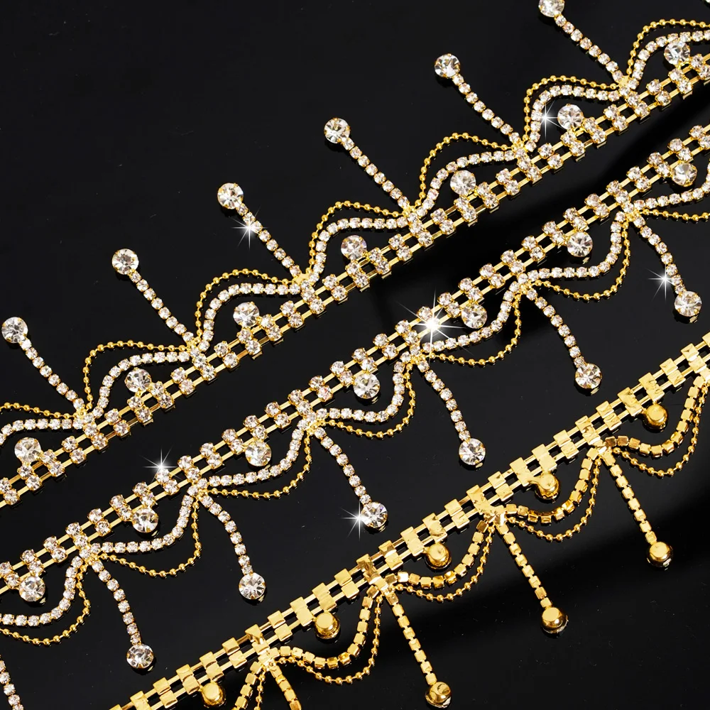 Rhinestone Ribbon Chain Diamond Crystal Fringe Trim beaded Chain Cuttable for Sewing Crafts Wedding Party Jewelry DIY Decoration