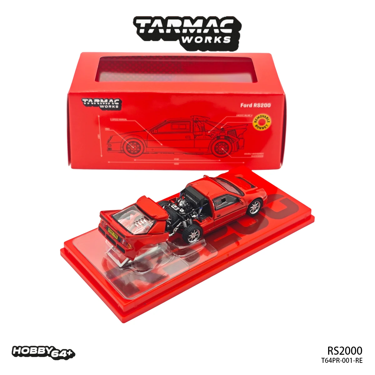 In Stock Tarmac Works Hobby64+ 1:64 RS200 Red Tooling Detachable Rear Cover Visible Engine Diecast Car Model T64PR-001-RE