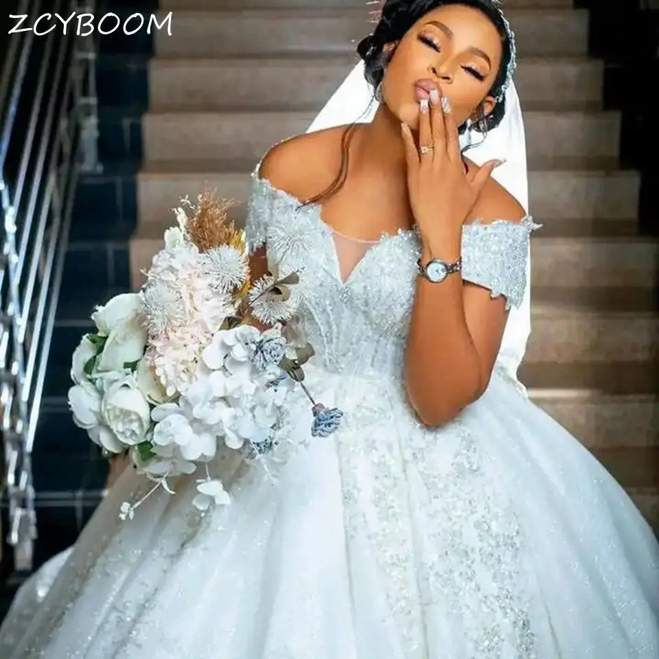 

Luxury Sexy Plus Size Beaded Lace Appliques Ball Gown Wedding Dresses Sweetheart Court Train Tulle Bride Gowns For African Women