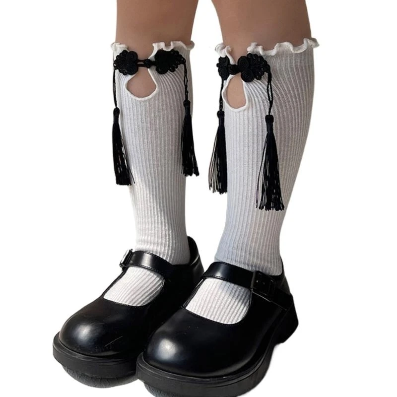 J2HD Chinese Knot Trim Socks Spring Stretchy Knee High Socks Girl Traditional Dress Socks AntiMosquito Socks Cotton Leg Socks