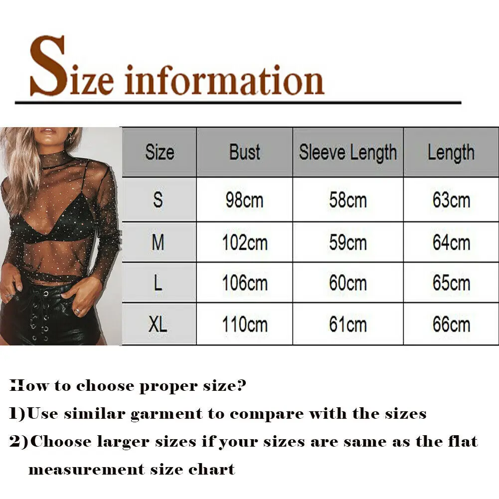 Summer Sexy Lace Mesh Sheer T Shirt Women Transparent Tops Turtleneck See Through Cover Up  Long Sleeve Shine Rhinestone Crops