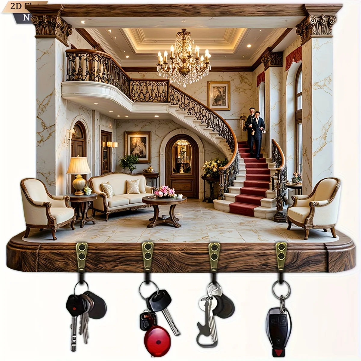 2D Flat, 1pc, European Luxury Theme Key Hook Wooden Multifunctional Home Key Holder with Four Metal Hooks, Wall Decoration,